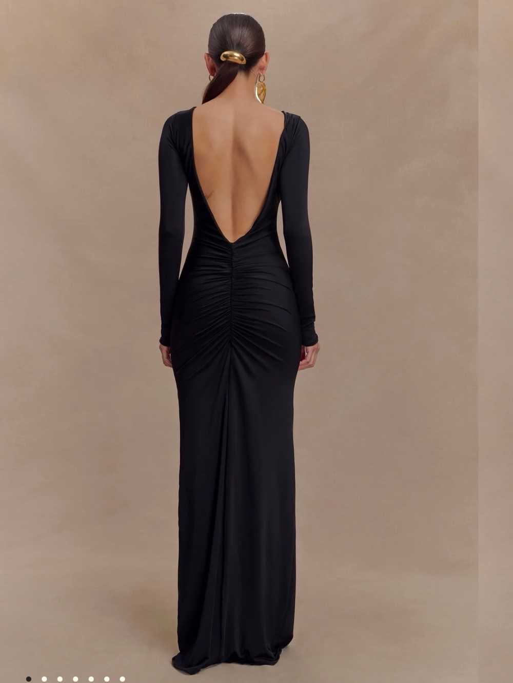 Meshki Black Long-Sleeve Backless Ruched Gown